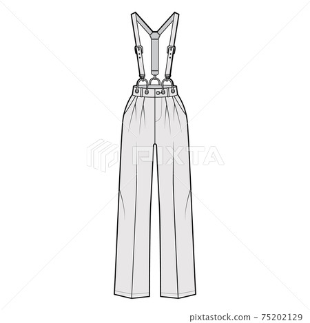 Suspender Pants Dungarees technical fashion illustration with full length, normal waist, high rise, pocket. Flat apparel Suspender Pants Dungarees technical fashion illustration with full length, normal waist, high rise, pocket. Flat apparel 75202129