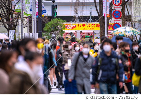 Tokyo cityscape of Japan under a state of emergency. Threat crowd. Signboards and "Three Cs" ... The banners flutter empty ... = March 5 75202170