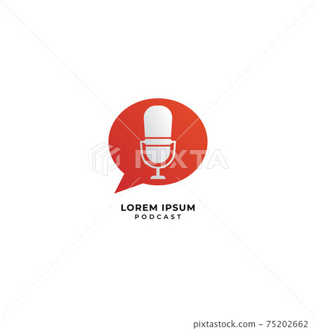 Minimal podcast logo design concept. Microphone illustration with orange call out shape or chatting icon behind. Broadcasting, Host, Announcher, Anchor, Radio Station, Stand up comedy. Isolated on Minimal podcast logo design concept. Microphone illustration with orange call out shape or chatting icon behind. Broadcasting, Host, Announcher, Anchor, Radio Station, Stand up comedy. Isolated on 75202662