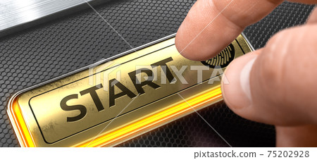 Start - Inscription on Gold Keyboard Key. 3D. 75202928