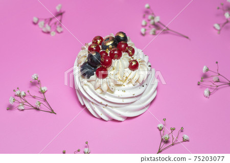 Meringue dessert with blueberries and currants on pink background 75203077