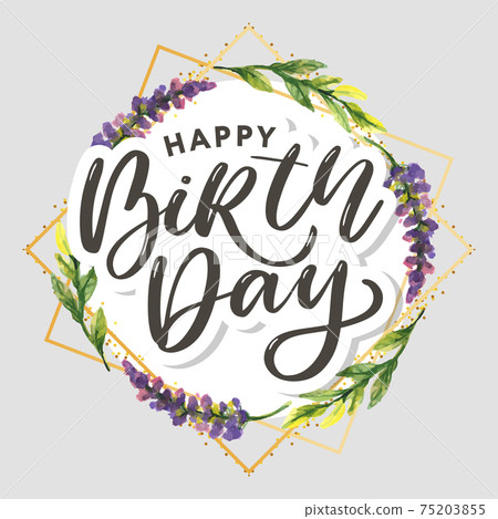 Happy birthday Watercolor autumn frame. Wreath made of hand drawn autumn leaves and flowers. Greeting card or Invitation Happy birthday Watercolor autumn frame. Wreath made of hand drawn autumn leaves and flowers. Greeting card or Invitation 75203855