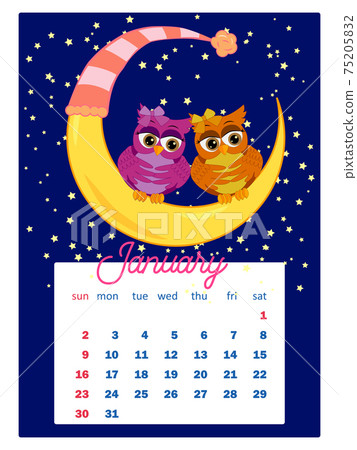 Calendar 2022. Cute owls and birds for every month. Wall vertical calendar for 2022, the week starts on Sunday. A4 format Calendar 2022. Cute owls and birds for every month. Wall vertical calendar for 2022, the week starts on Sunday. A4 format 75205832