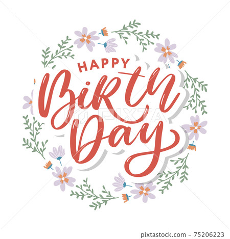 Beautiful happy birthday greeting card with flowers and bird. Vector party invitation with floral elements. Beautiful happy birthday greeting card with flowers and bird. Vector party invitation with floral elements. 75206223