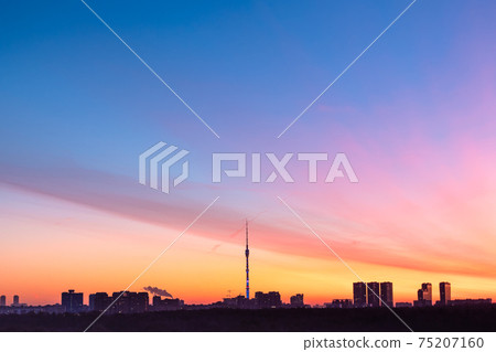 multi-colored sunset sky over district in Moscow 75207160