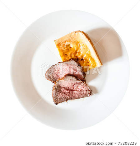 top view Roast Beef and Yorkshire pudding on plate 75208229