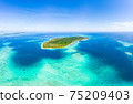Aerial: exotic tropical island white sand beach away from it all, coral reef caribbean sea turquoise water. Indonesia Sumatra Banyak islands 75209403