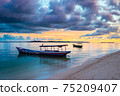 Sunset colorful sky on sea, tropical desert beach, no people, dramatic clouds, travel destination getting away, long exposure Indonesia Sumatra Banyak Islands 75209407