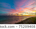 Sunrise dramatic sky on sea, tropical desert beach, no people, stormy clouds, travel destination, Indonesia Banyak Islands Sumatra 75209408