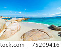Gorgeous tropical beach turquoise transparent water unique rock boulders, Cam Ranh Nha Trang Vietnam south east coast travel destination, desert beach no people clear blue sky 75209416