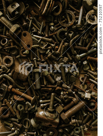 Various old metal iron nuts bolts nails wrenches Various old metal iron nuts bolts nails wrenches 75210397