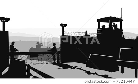 military base with soldiers in silhouette style 75210447
