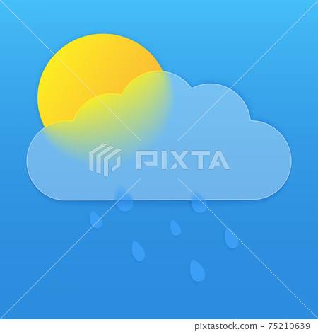 Vector drawing. Weather icon with cloud in style glass morphism sun and raindrops on blue background. 75210639
