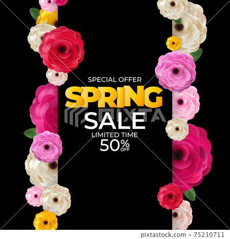Spring Black Sale Background Poster Natural Flowers Template. Vector Illustration 75210711