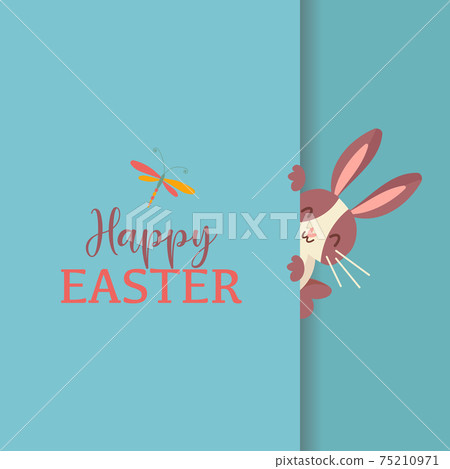 Greeting card Happy Easter with flowers, eggs, peeping out rabbit on blue 75210971
