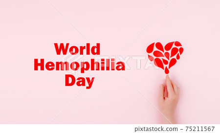 World Hemophilia Day background. Hemophilia awareness poster. Red drops heart and text World Hemophilia Day on pink background World Hemophilia Day background. Hemophilia awareness poster. Red drops heart and text World Hemophilia Day on pink background 75211567