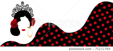 Banner Portrait of flamenco woman, beautiful girl, Spanish style. Latin Lady wearing folk accessories ethnic comb, peineta, red rose flowers, polka dots dress. Vector isolated on white background  75211764