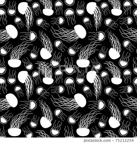 Seamless endless repeat silhouette pattern of black white outline vector doodle cartoon jellyfish. Sea or ocean jelly has long tentacles. Animals are isolated on white background. Seamless endless repeat silhouette pattern of black white outline vector doodle cartoon jellyfish. Sea or ocean jelly has long tentacles. Animals are isolated on white background. 75212254