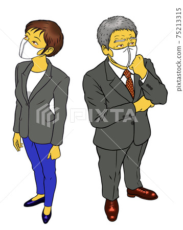 A male manager and a female employee wearing masks 75213315