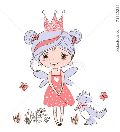 Cute little fairy with wings in a pink dress. The princess in the crown walks with a dragon or dinosaur. Fairytale girl, color sketch, vector illustration isolated on white background Cute little fairy with wings in a pink dress. The princess in the crown walks with a dragon or dinosaur. Fairytale girl, color sketch, vector illustration isolated on white background 75215232