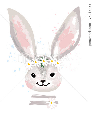 Greeting card with a portrait of a cute rabbit. Bunny with a wreath of flowers on his head. Animal vector illustration isolated on white background Greeting card with a portrait of a cute rabbit. Bunny with a wreath of flowers on his head. Animal vector illustration isolated on white background 75215233