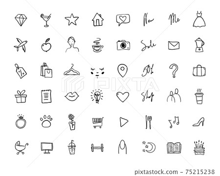 Icon set for social media, personal brand, cosmetics store, women s clothing, healthy eating. Sketch thin line, Vector illustration isolated on a white background Icon set for social media, personal brand, cosmetics store, women s clothing, healthy eating. Sketch thin line, Vector illustration isolated on a white background 75215238