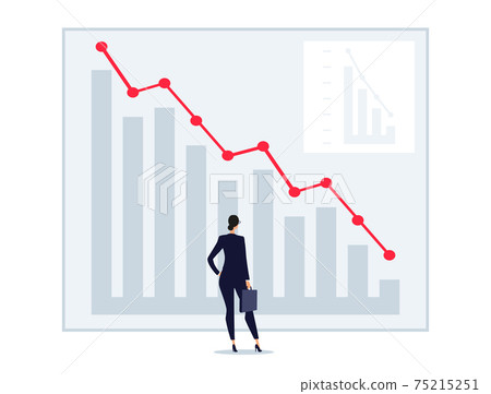 A tiny man is standing in front of a schedule. A woman with a briefcase looks at the falling arrow. Business concept of crisis, ruin, loss, management. Flat stock vector illustration 75215251