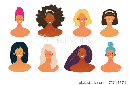 Set of female avatars with shoulders in a flat design. Smiling portraits of women of different nationalities. Collection of cute girls, concept of sisterhood, friendship, feminism. Stock vector 75215274