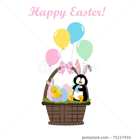 Chicken and penguin in easter basket with eggs 75217450