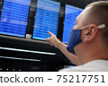 Young man protect his health with a medical mask an airport time table terminal background 75217751