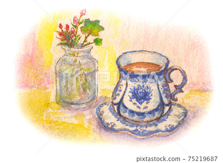 景觀與咖啡杯和花瓶 75219687