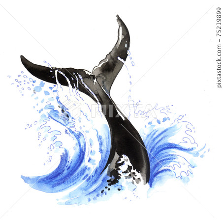 Whale tale in blue waves. Ink and watercolor drawing Whale tale in blue waves. Ink and watercolor drawing 75219899