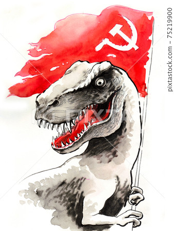 T-rex with Soviet flag. Ink and watercolor drawing T-rex with Soviet flag. Ink and watercolor drawing 75219900