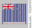 Barcode set the color of New Zealand flag, text: Made in New Zealand. concept of sale or business. 75220743