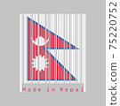 Barcode set the color of Nepal flag, two red blue triangles with moon and sun on white barcode. 75220752
