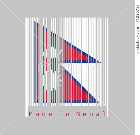 Barcode set the color of Nepal flag, two red blue triangles with moon and sun on white barcode. 75220752