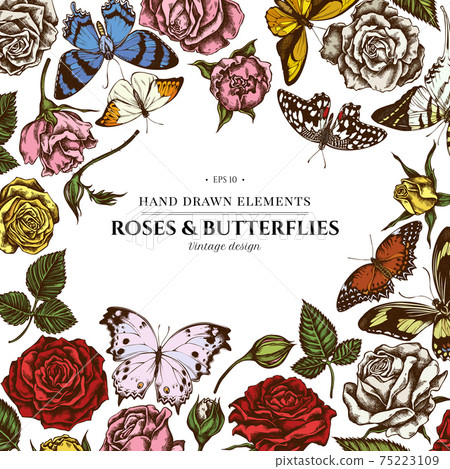 Floral design with colored menelaus blue morpho, giant swordtail, lemon butterfly, red lacewing 75223109