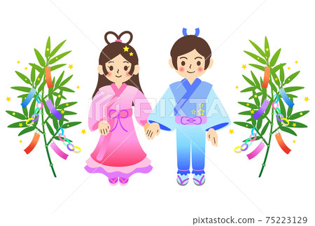 竹草裝飾插圖，織姬和彥越[Tanabata] 75223129