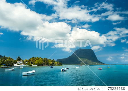 View of the mountain in Le Morne Brabant and the bay with boats on the island of Mauritius in the Indian Ocean 75223688