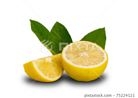 Pieces of lemon with leaves isolated on white background. 75224121