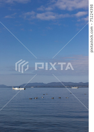 島根縣松江市清晨的真治湖和淡水蛤fishing捕魚 島根縣松江市清晨的真治湖和淡水蛤fishing捕魚 75224398