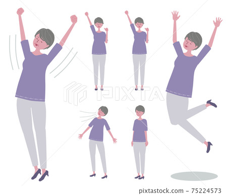 Illustration set of senior women (stretching, jumping, taking a deep breath, raising one hand) 75224573