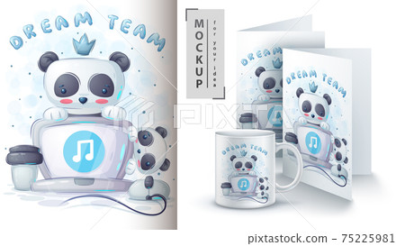 Panda listening to music poster and merchandising. Panda listening to music poster and merchandising. 75225981