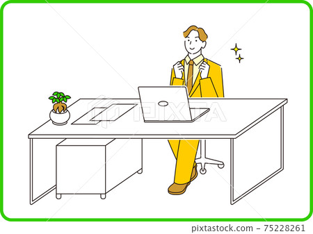 一個穿著西裝的男人坐在電腦前，在線交談中等簡單插圖矢量 75228261