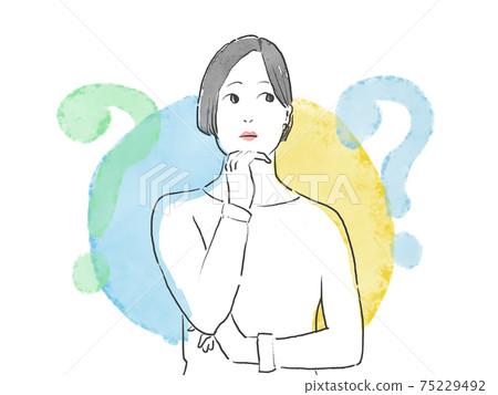 水彩人物畫)一個女人和一個問號,用她的下巴思考她的手的白色背景插圖 水彩人物畫)一個女人和一個問號,用她的下巴思考她的手的白色背景插圖 75229492