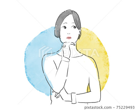 水彩圖繪畫)女人用她的手在她的下巴上思考的白色背景圖 水彩圖繪畫)女人用她的手在她的下巴上思考的白色背景圖 75229493