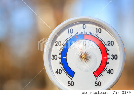 Outdoor thermometer shows subzero temperature - cold wave concept 75230379