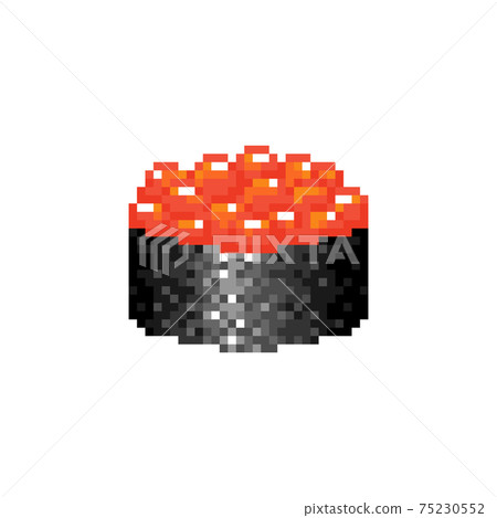 Pixel art gunkan maki sushi icon. Delicious tasty vector gunkan sushi with red caviar. Big red caviar berry eggs in nori seaweed. Mosaic Japanese food symbol. Pixel illustration of japanese cuisine. 75230552