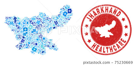 Health Care Injection Mosaic Jharkhand State Map and Scratched Health Care Stamp Seal 75230669