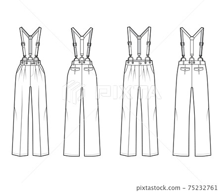 Set of Suspender Pants Dungarees technical fashion illustration with full length, normal low waist, high rise, pockets 75232761